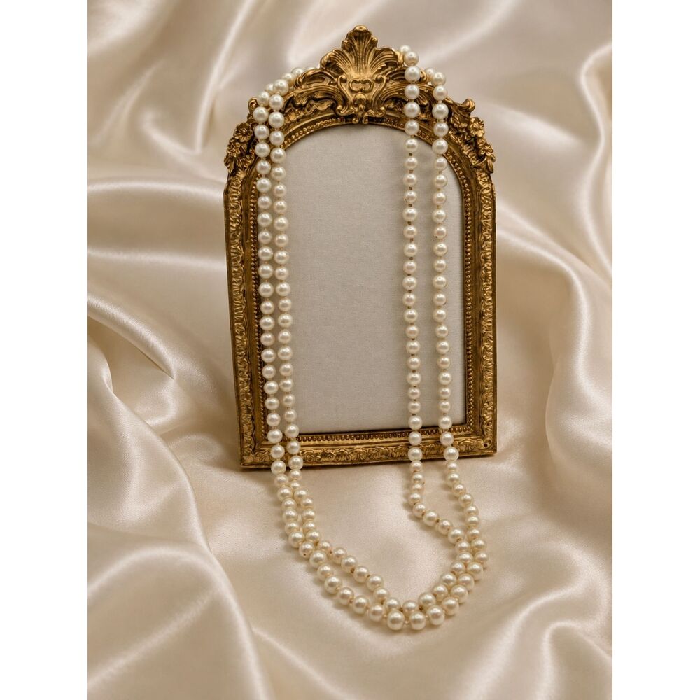 Vintage Long Glass Pearl Necklace 29 Inch Ivory Knotted Beaded Strand Bridal